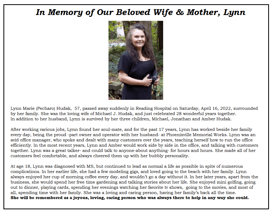 A memorial flyer for Lynn Marie